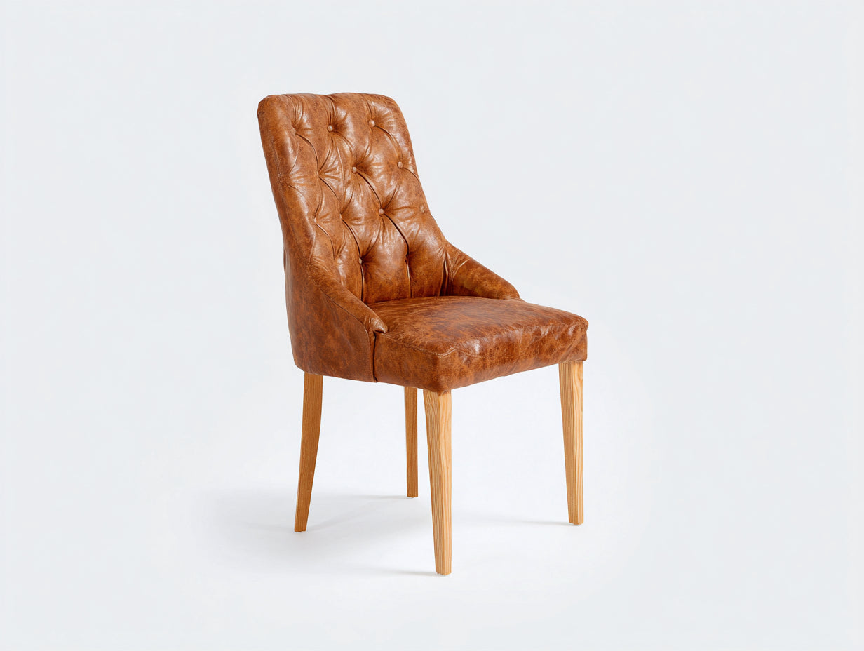 Chaise de salle à manger en cuir synthétique et bois pour salle à manger 56x54x86 cm - brun-bois clair - dossier capitonné