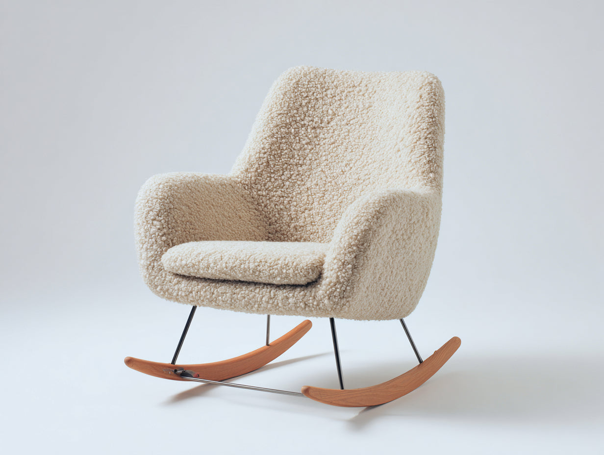 Fauteuil à bascule en tissu bouclé 78x72x92 cm - beige noir et bois naturel - pour salon style scandinave