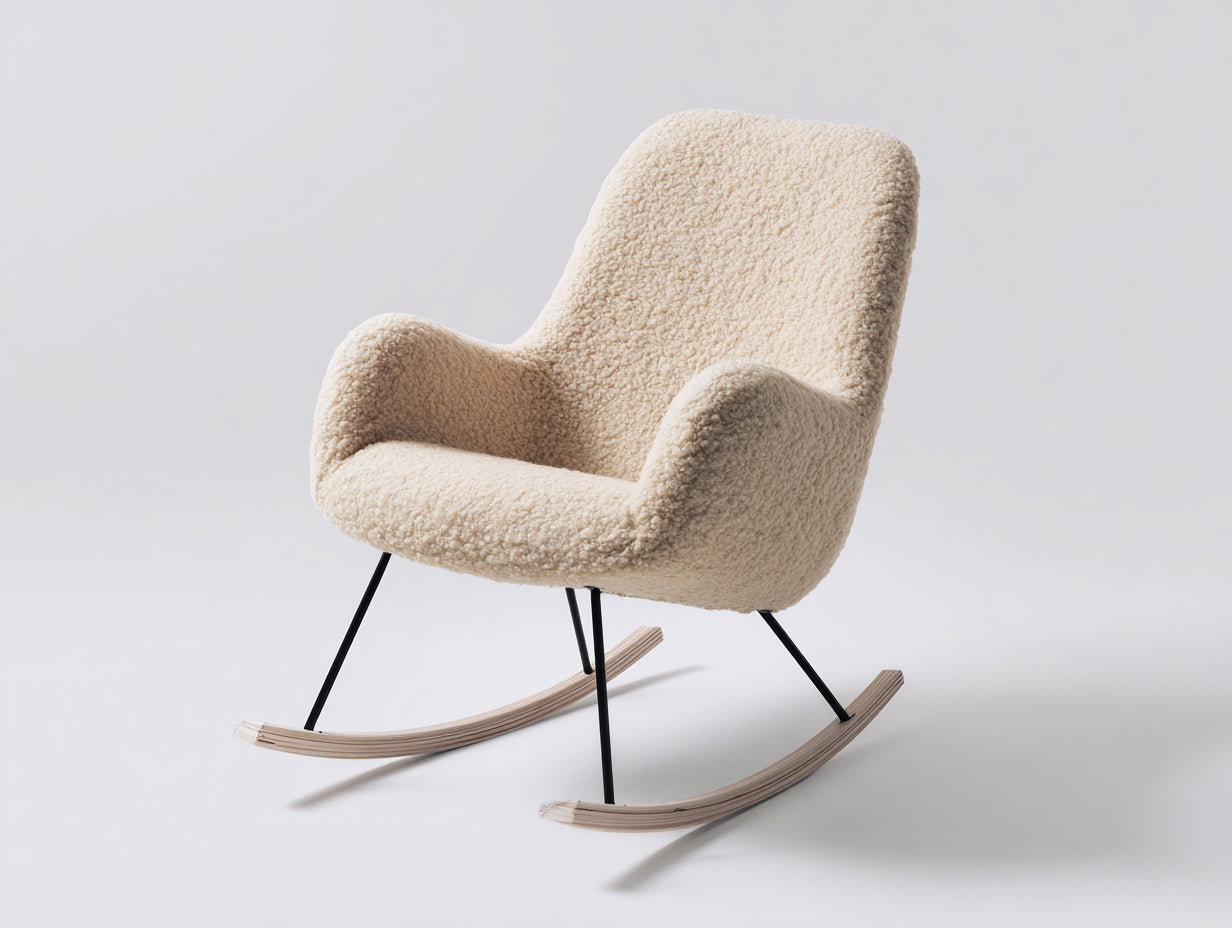 Fauteuil à bascule en tissu bouclé 78x73x90 cm - beige noir et bois naturel - pour salon style moderne