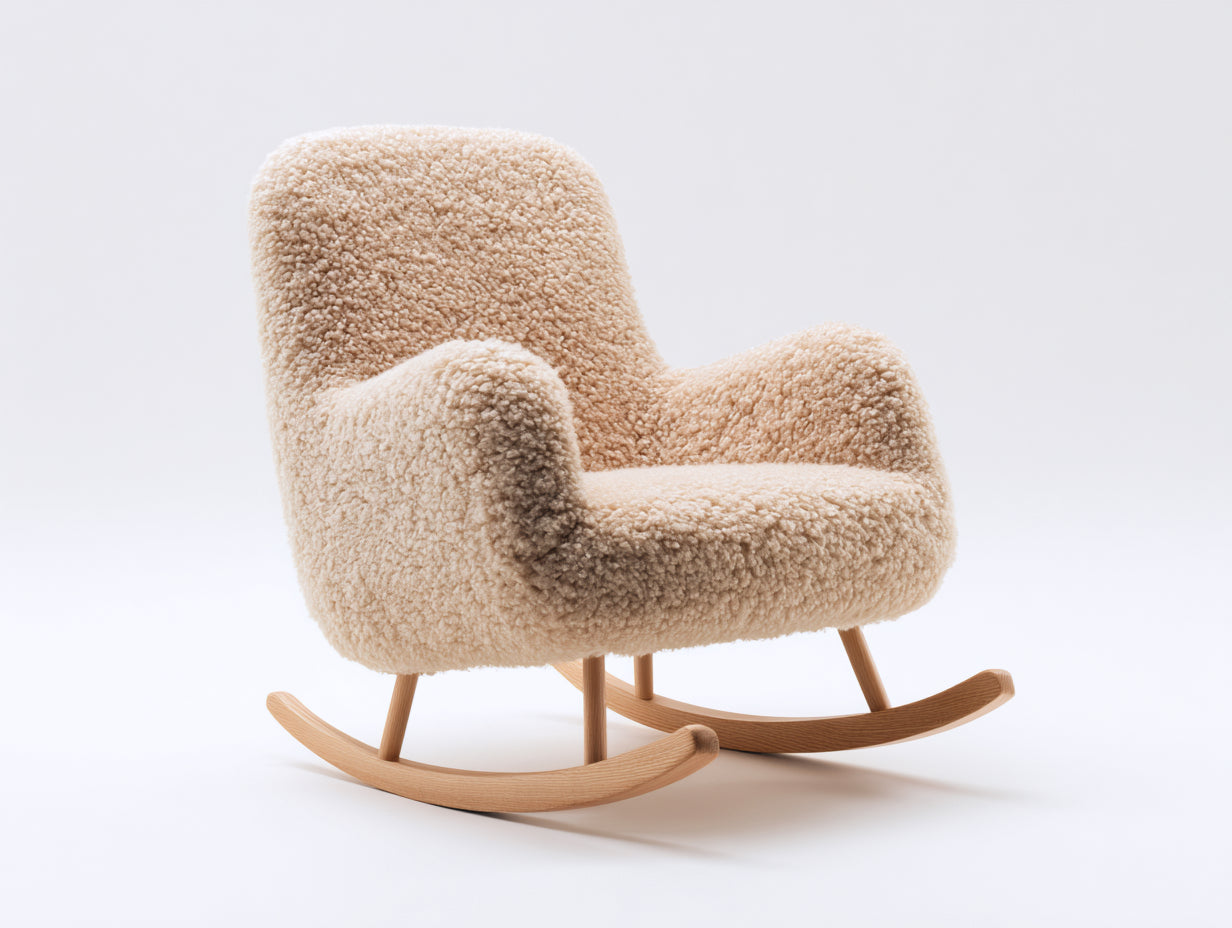 Fauteuil à bascule en tissu bouclé 83x76x82 cm - beige-bois naturel - pour salon style scandinave