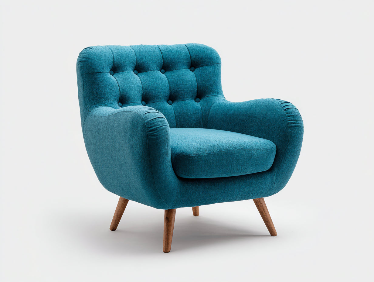 Fauteuil - tissu-bois - 83x80x86 cm - bleu pétrole-marron - style scandinave rétro