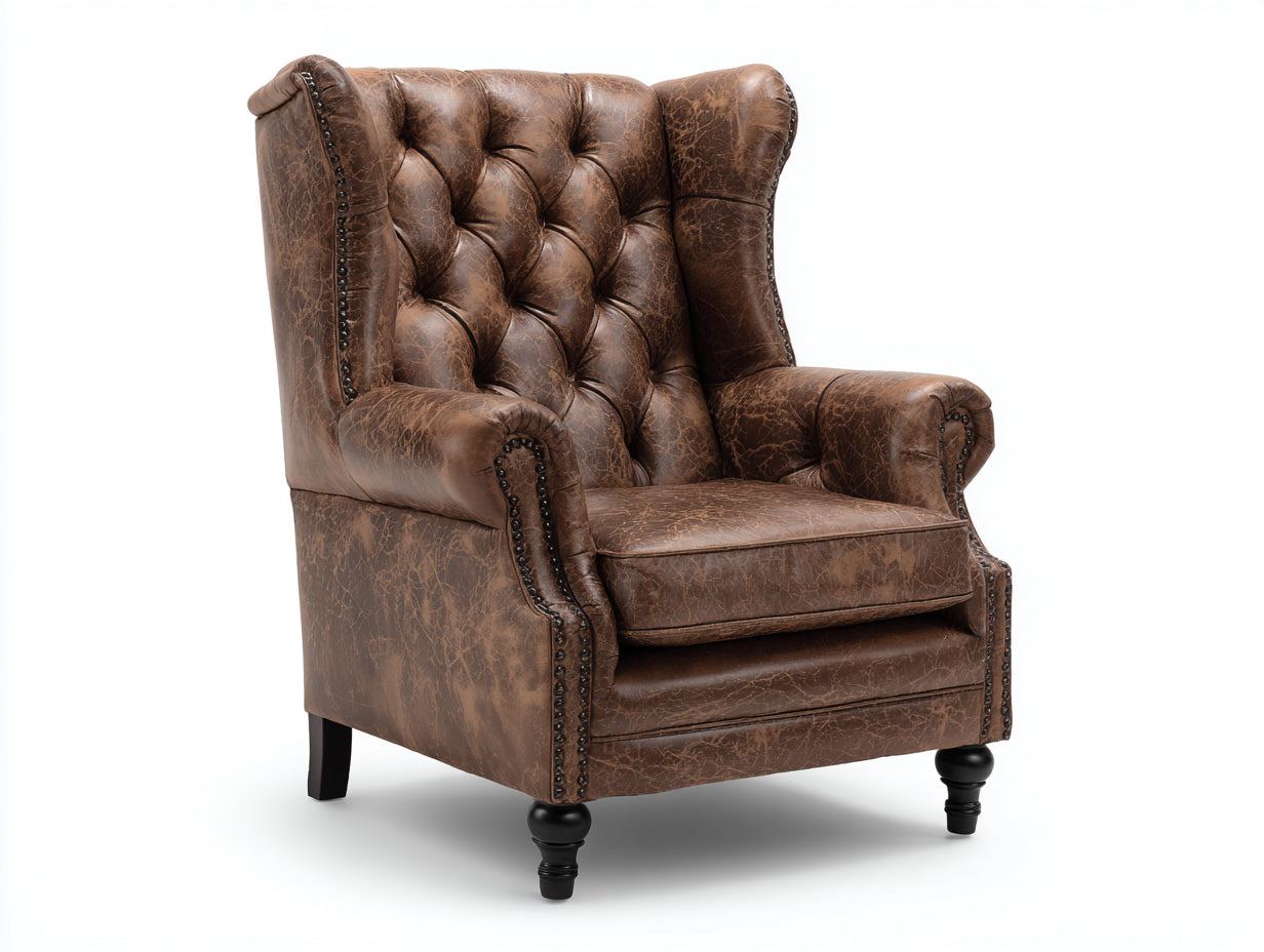 Fauteuil à oreilles - Cuir synthétique - 83x86x114 cm - Marron clair vieilli - Chesterfield
