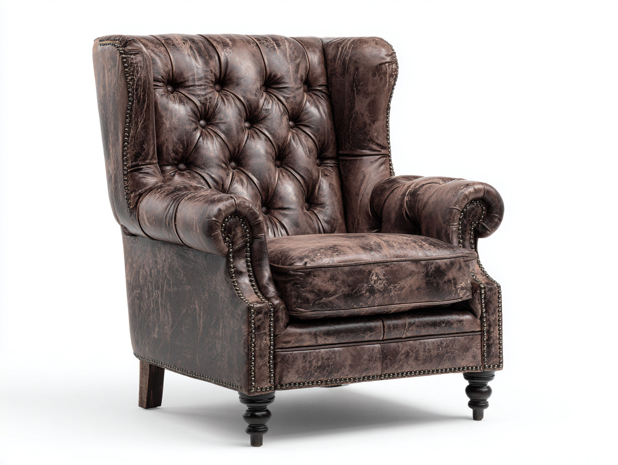 Fauteuil à oreilles - Cuir synthétique - 87x89x116 cm - Marron patiné - Chesterfield