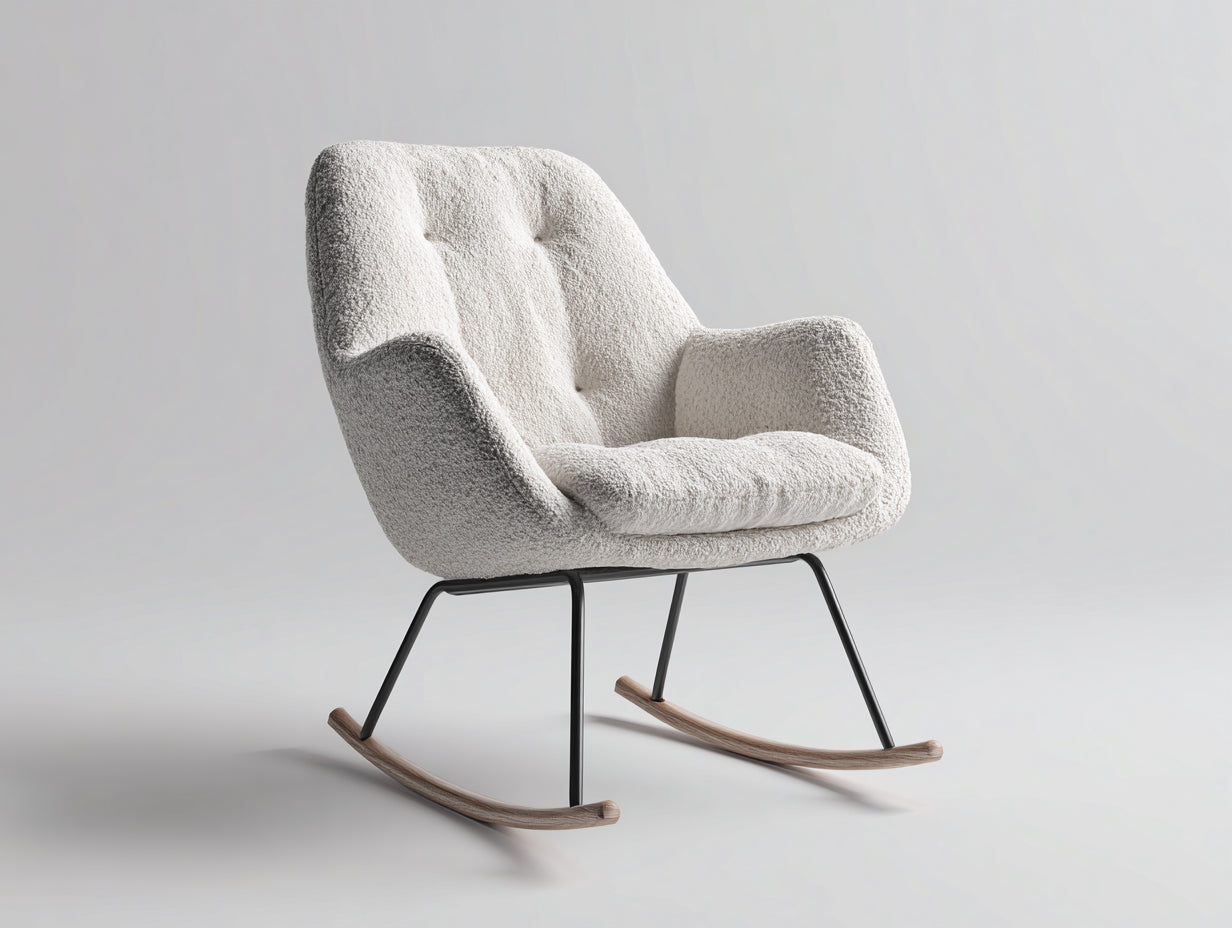Fauteuil à bascule en tissu bouclé 76x73x81 cm - beige-noir-bois clair - pour salon style moderne