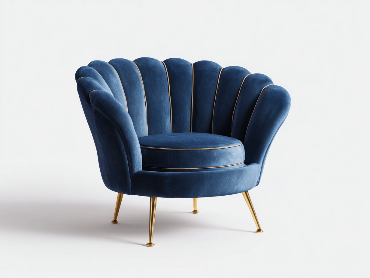 Fauteuil-velours-métal-105x93x82 cm-bleu foncé-doré-style coquillage