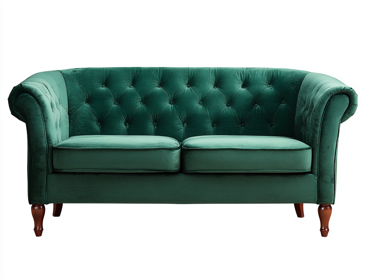 Canapé 2 places en velours 168x87x77 cm - vert émeraude et bois brun - style Chesterfield pour salon